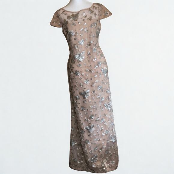 CALVIN KLEIN Embroidered Gown Blush Pink Sz 4 Floor Length Dress Cap Sleeve Prom - Picture 1 of 16